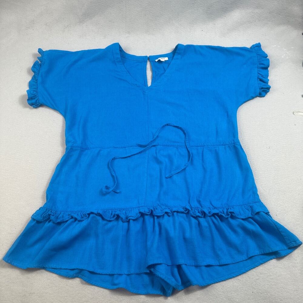 Umgee Blue Linen Blend Tiered Ruffle Romper V-Neck Drawstring A0244 Womens Small - Picture 3 of 16